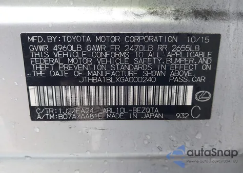 2016 Lexus Gs 200T from USA, damaged, VIN JTHBA1BLXGA000240